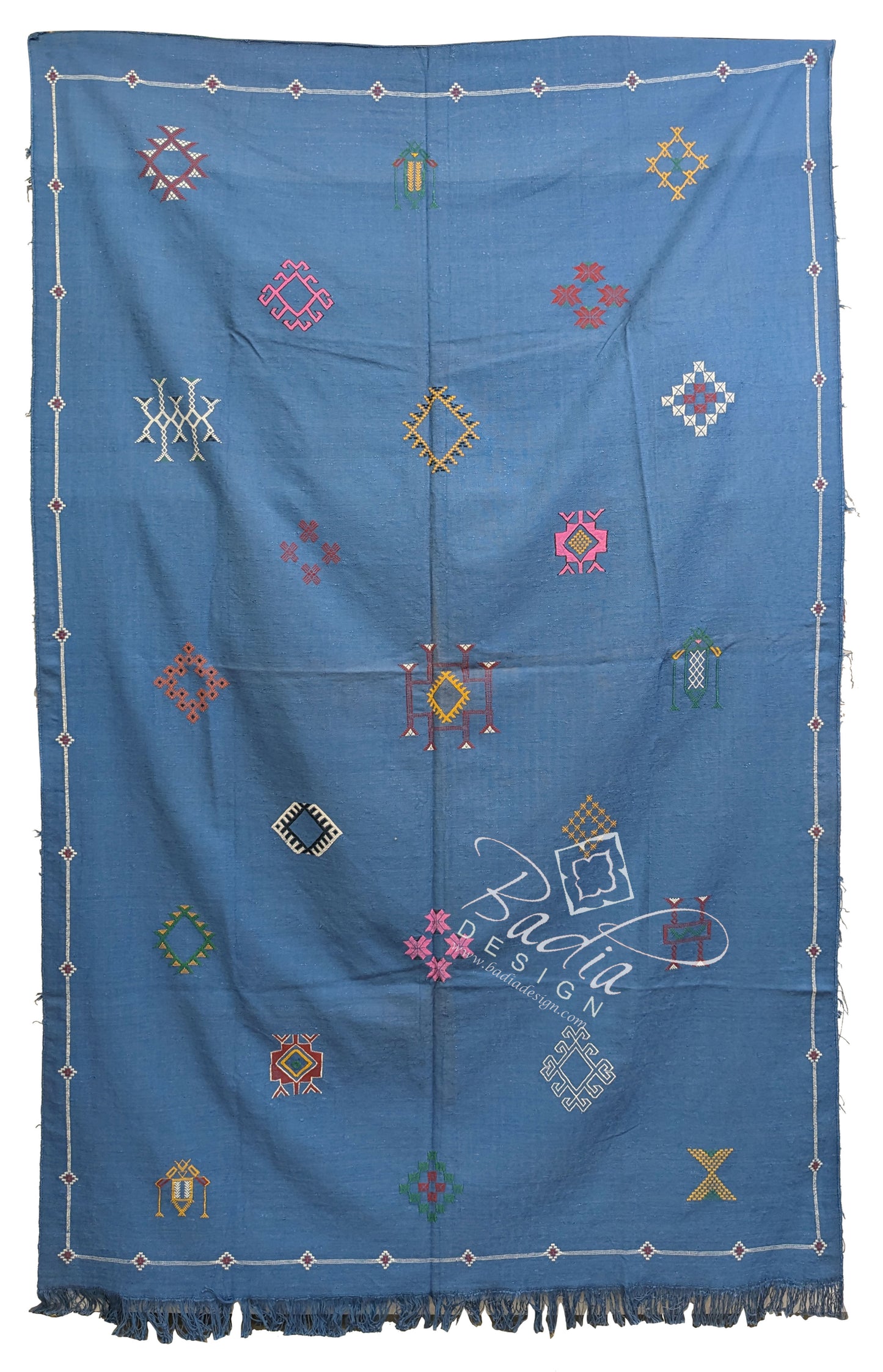 Blue Tribal Rug with Colorful Embroidered Geometric Designs