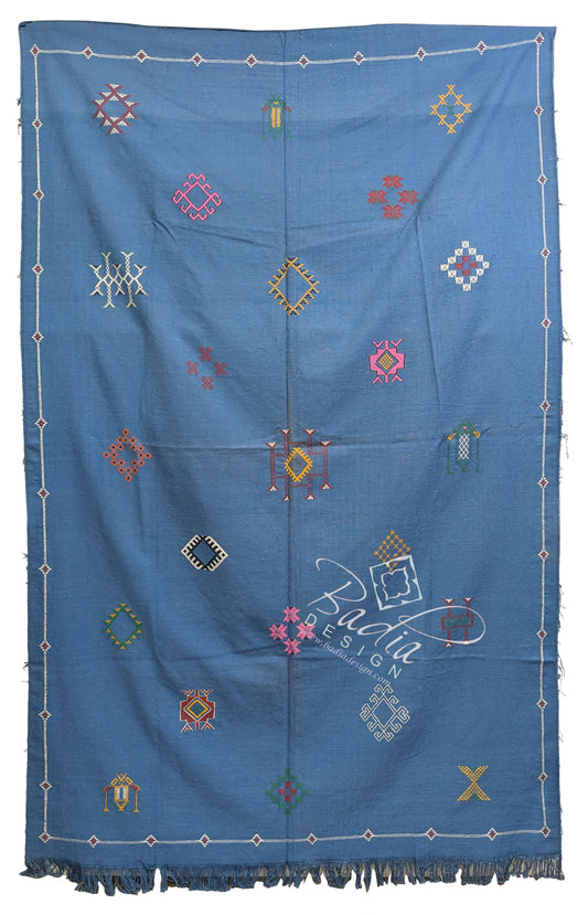 Blue Tribal Rug with Colorful Embroidered Geometric Designs