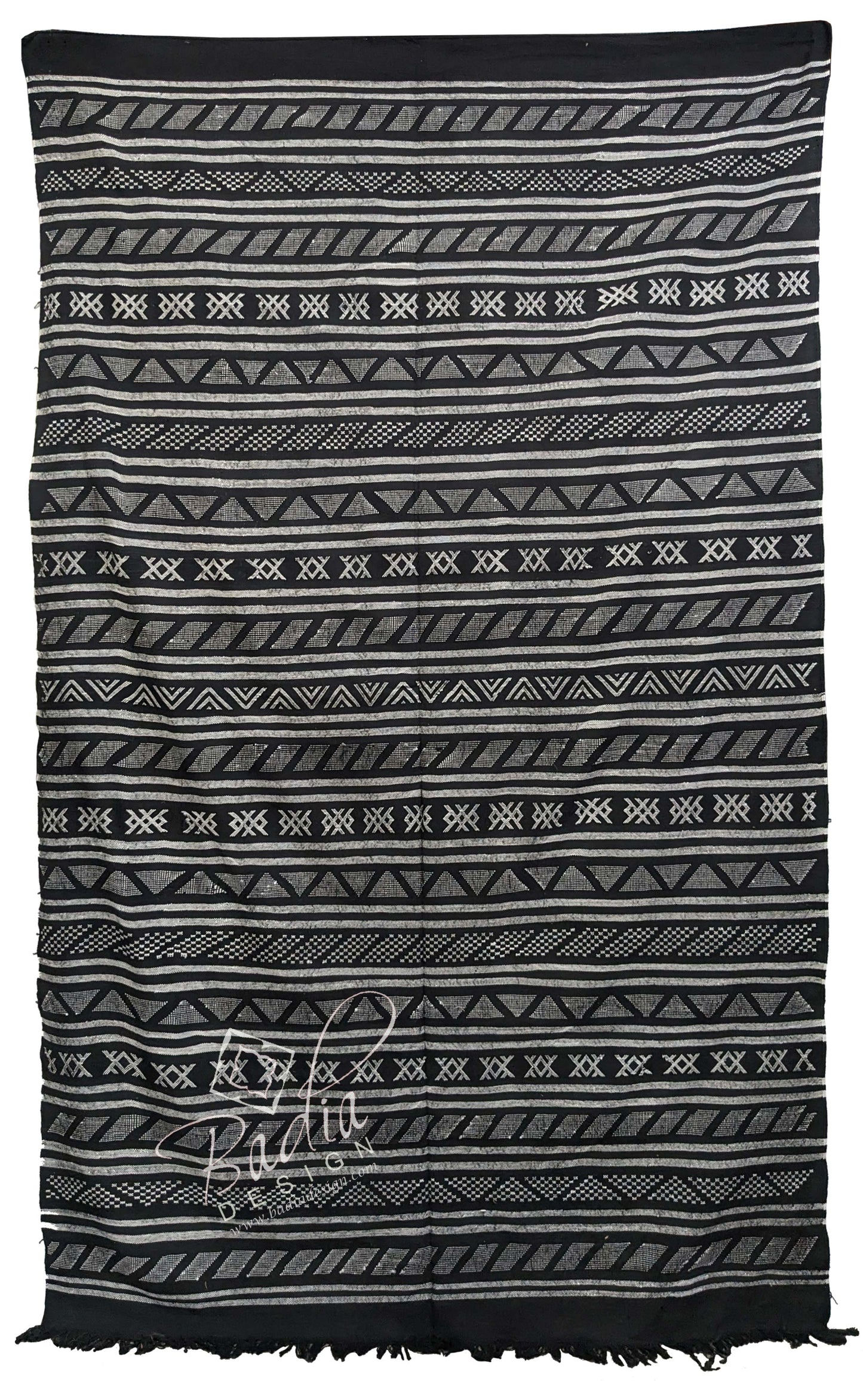 Black and Gray Tribal Rug with Geometric Designs