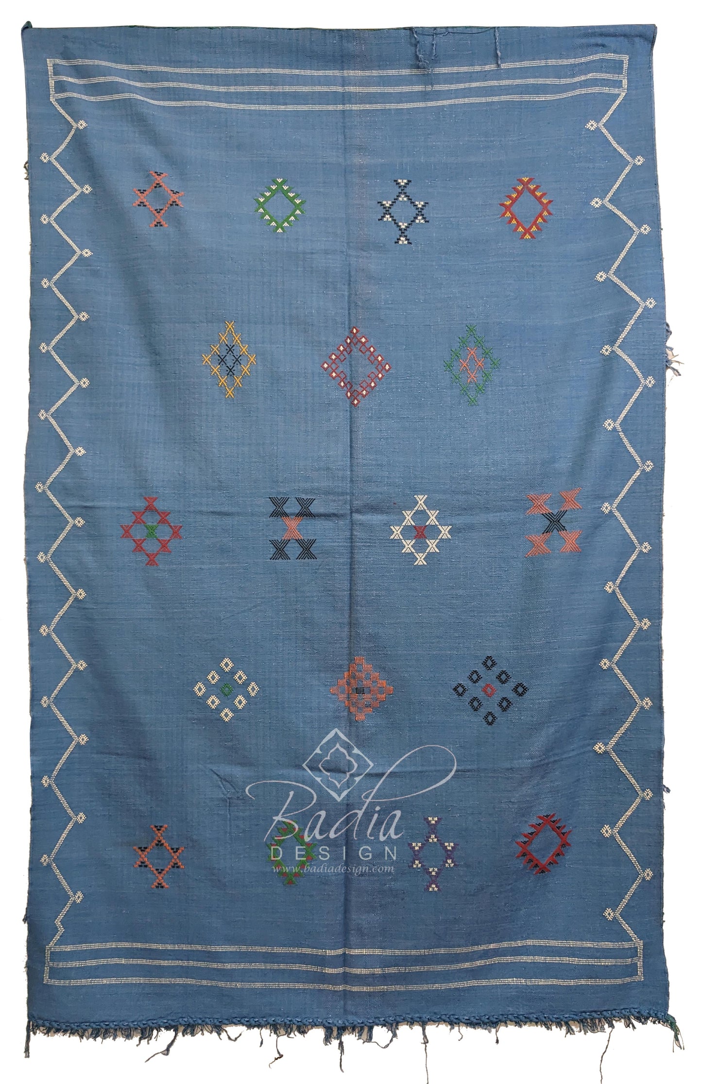 Blue Tribal Rug with Colorful Embroidered Geometric Designs