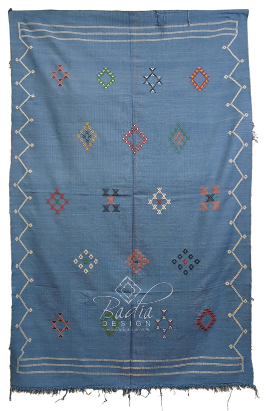 Blue Tribal Rug with Colorful Embroidered Geometric Designs