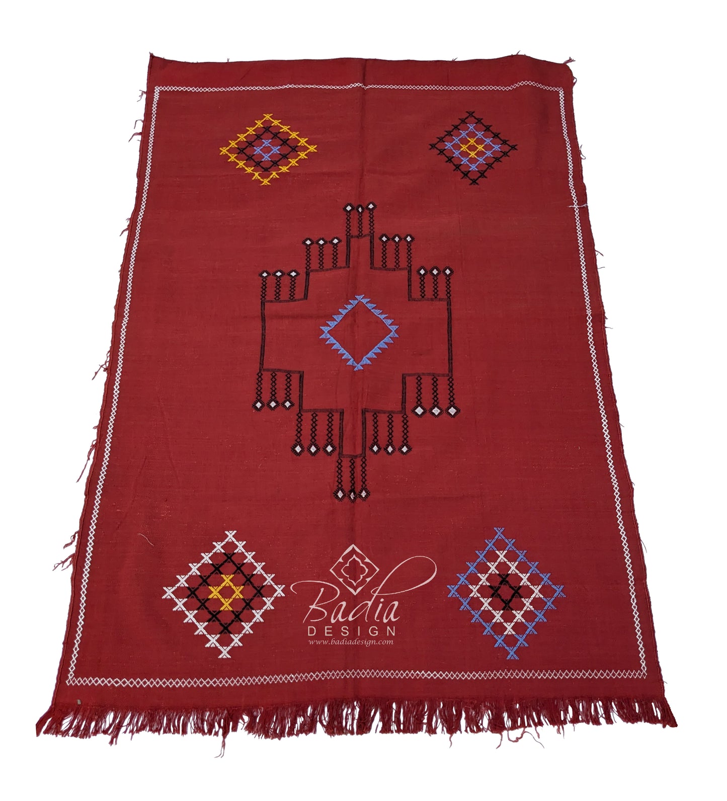 Red Tribal Rug with Embroidered Geometric Designs