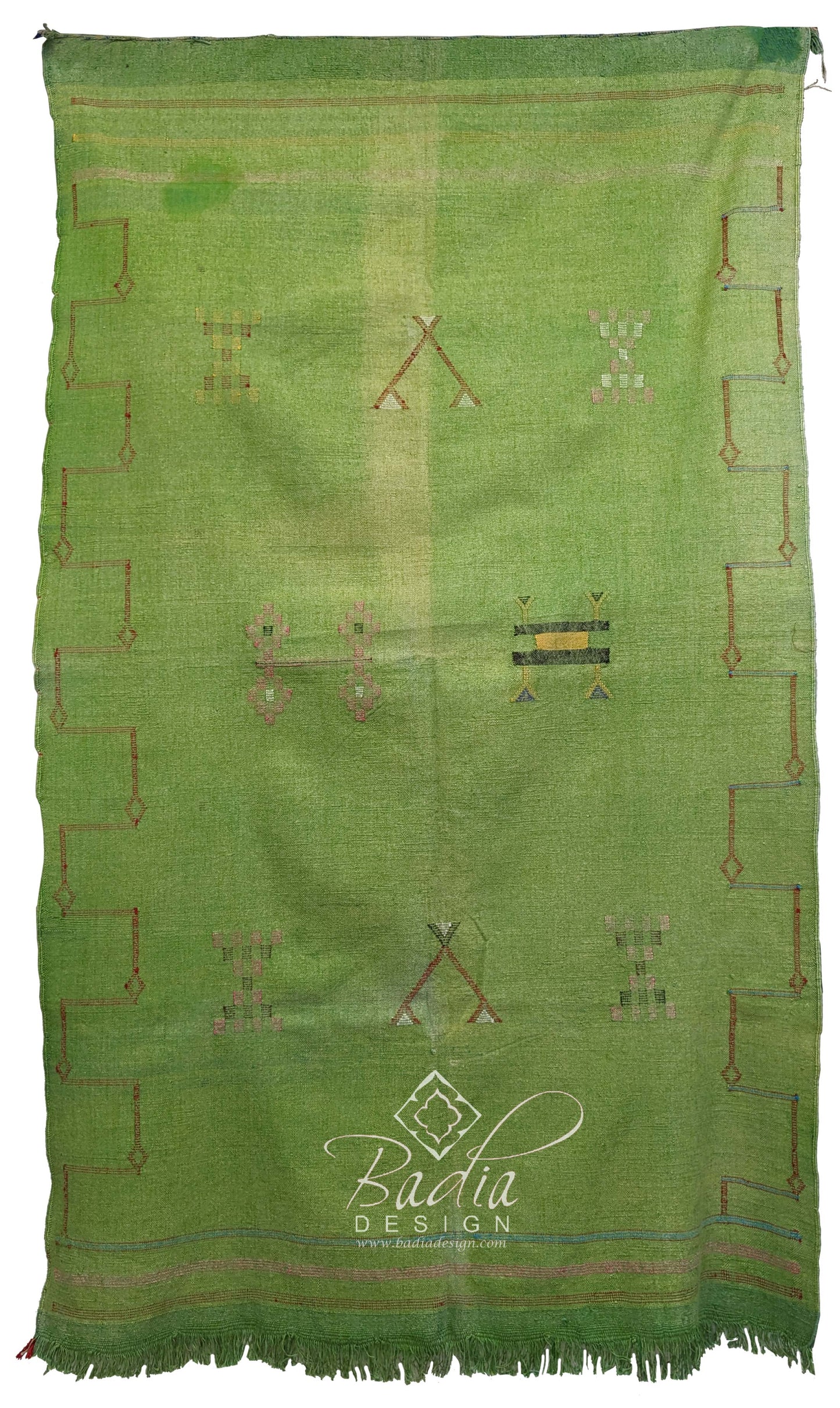 Green Tribal Rug with Embroidered Geometric Designs