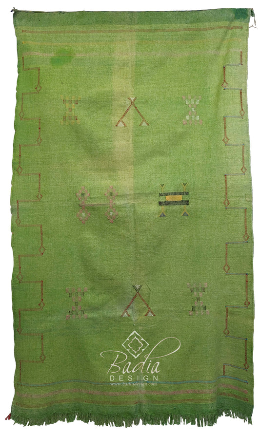 Green Tribal Rug with Embroidered Geometric Designs