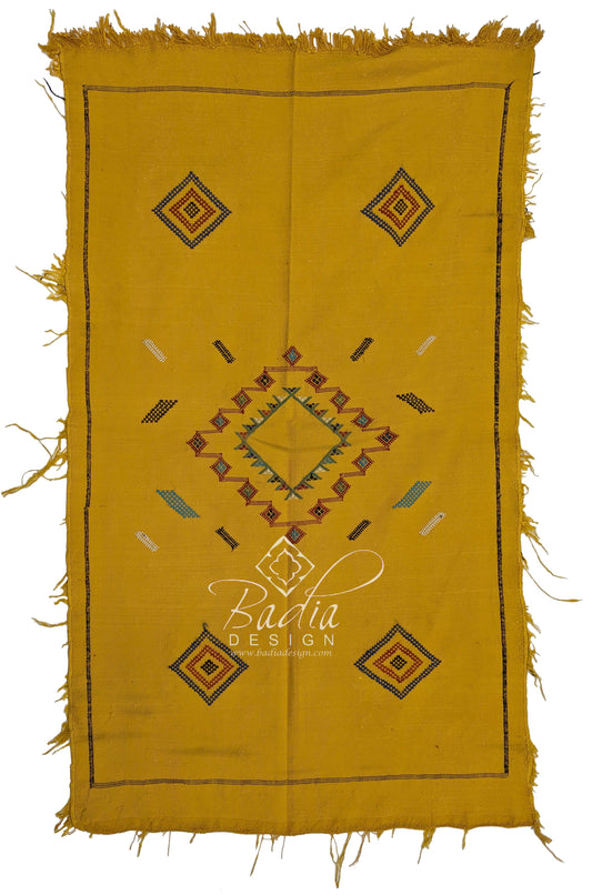 Yellow Tribal Rug with Embroidered Geometric Designs