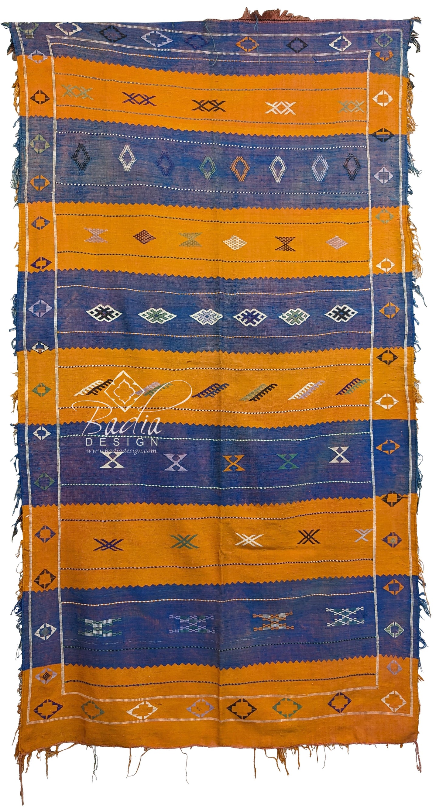 Orange and Blue Tribal Rug with Geometric Designs