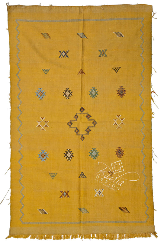 Yellow Cactus Silk Rug with Tribal Designs