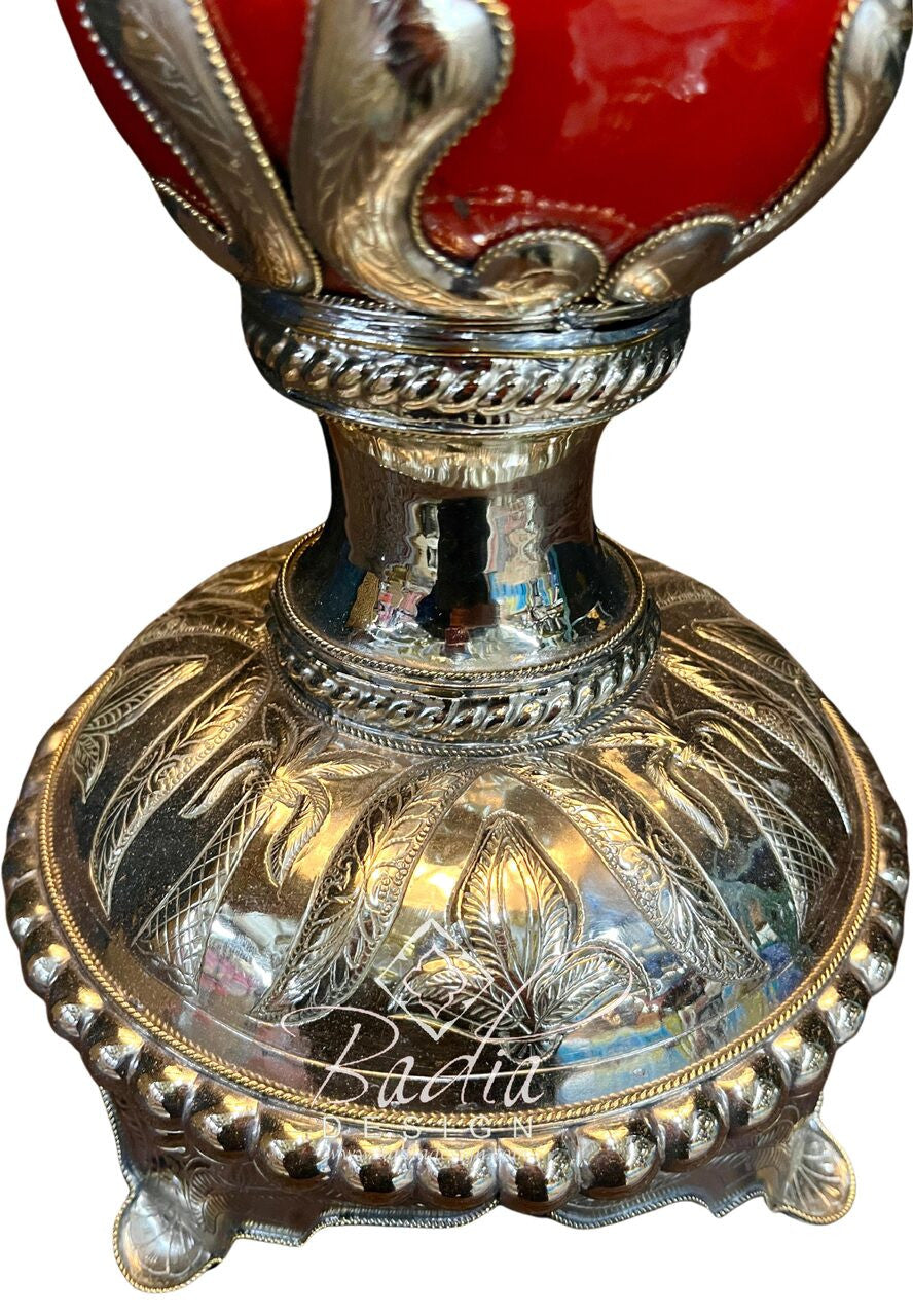 Intricately Designed Silver and Ceramic Desktop Lamp