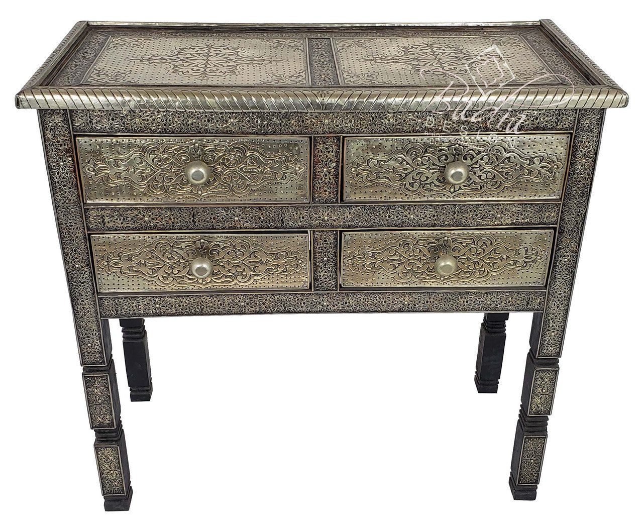 Silver Embossed Nickel Cabinet with Glass Top