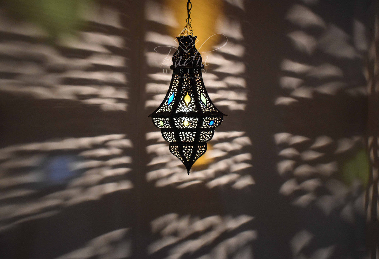 Moroccan Style Lantern with Multi-Color Glass Eyelets