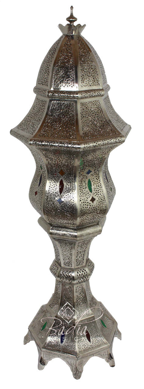 Tall Brass and Silver Floor Lantern with Multi-Color Eyelets