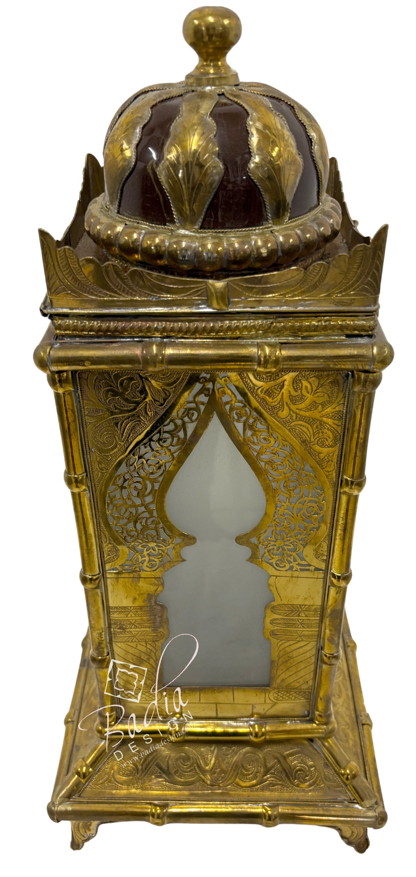 Tall Brass Floor Lantern with Burgundy Ceramic Decor