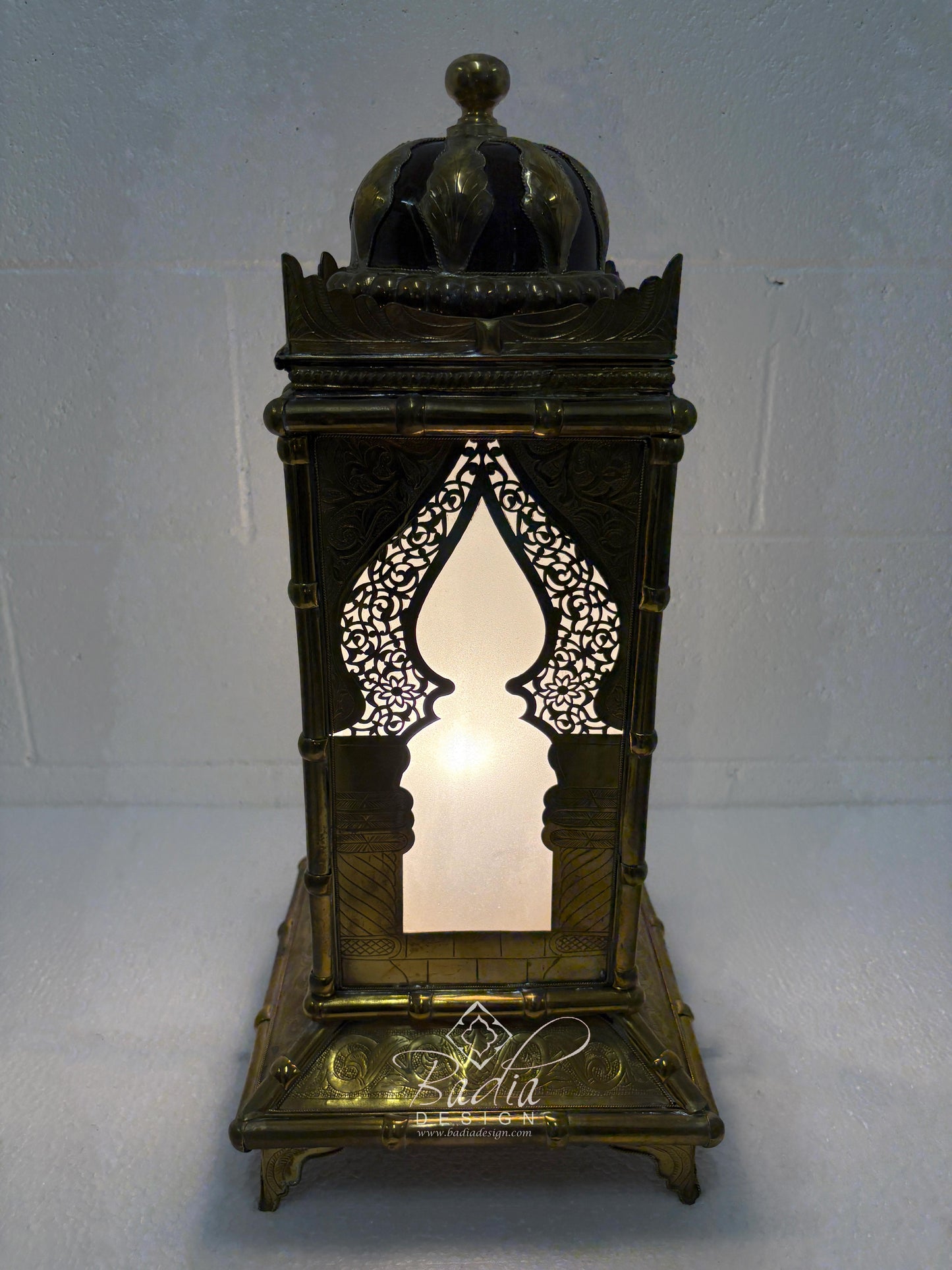 Tall Brass Floor Lantern with Burgundy Ceramic Decor