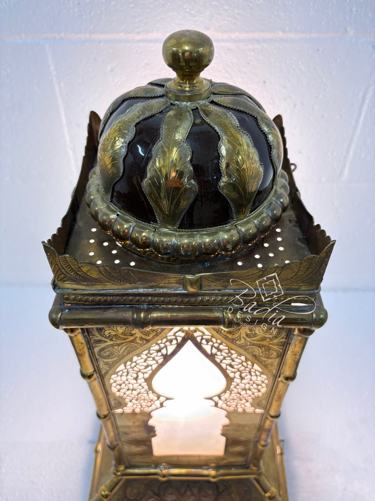 Tall Brass Floor Lantern with Burgundy Ceramic Decor