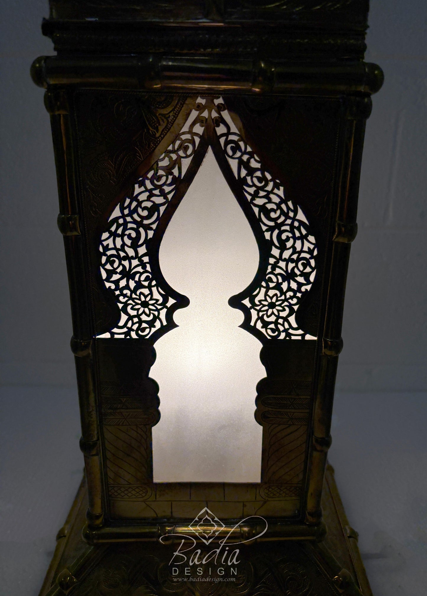 Tall Brass Floor Lantern with Burgundy Ceramic Decor