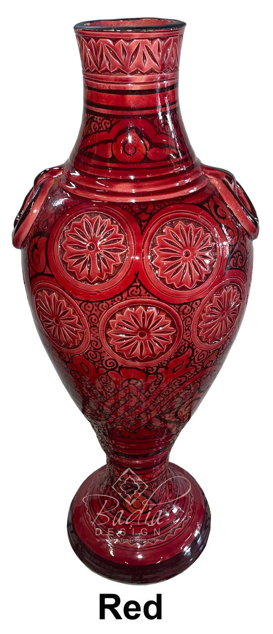 Tall Hand Painted Carved Ceramic Vase