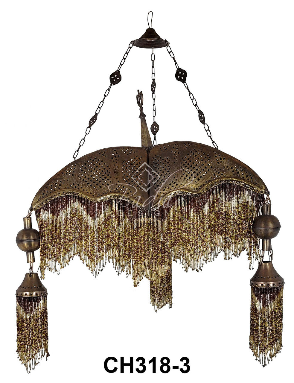 Three Prong Beaded Brass Chandelier