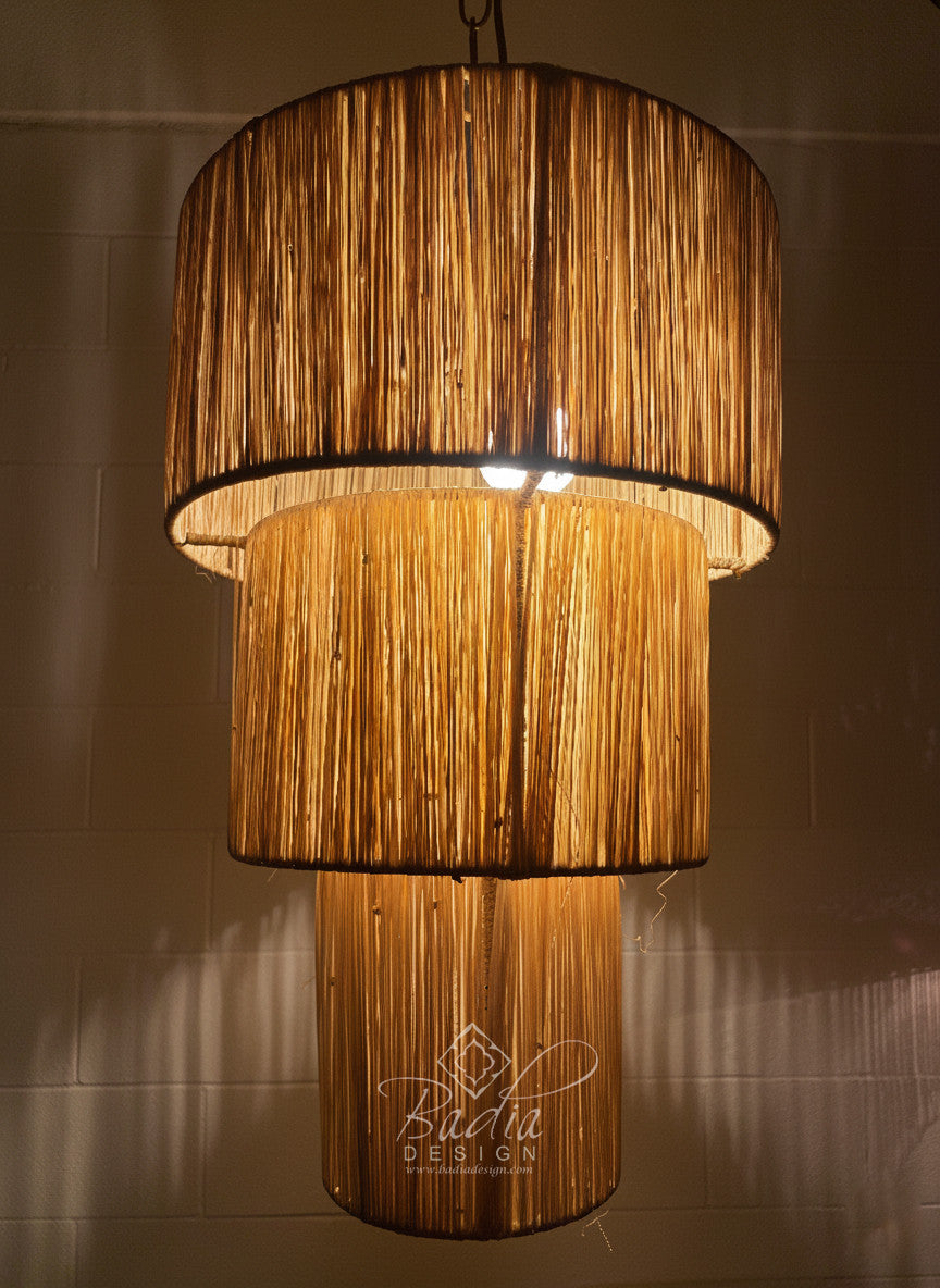 Three Tiered Cylindrical Shaped Raffia Lantern