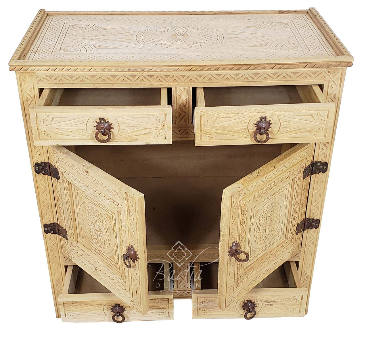 Unstained Hand Carved Wooden Cabinet