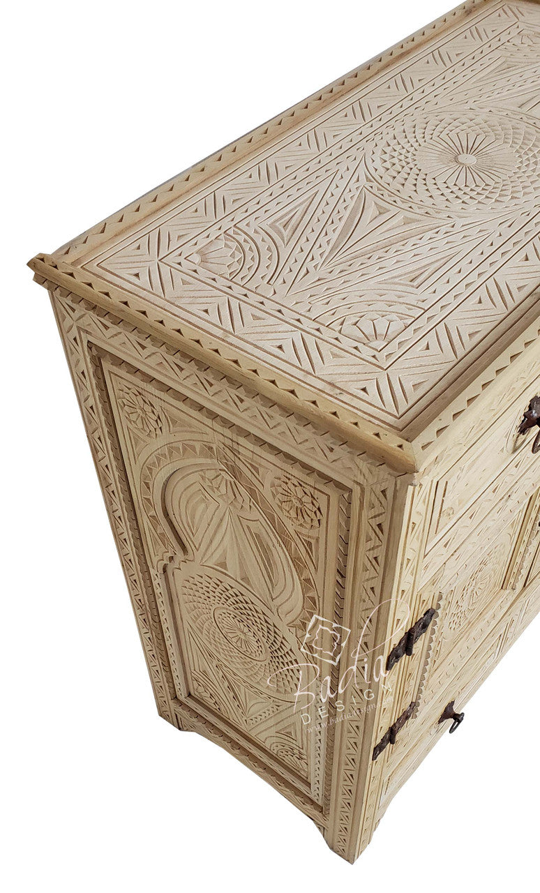 Unstained Hand Carved Wooden Cabinet