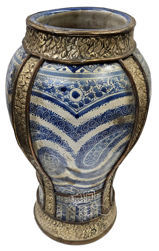 Moroccan Blue and White Vintage Metal and Ceramic Urn