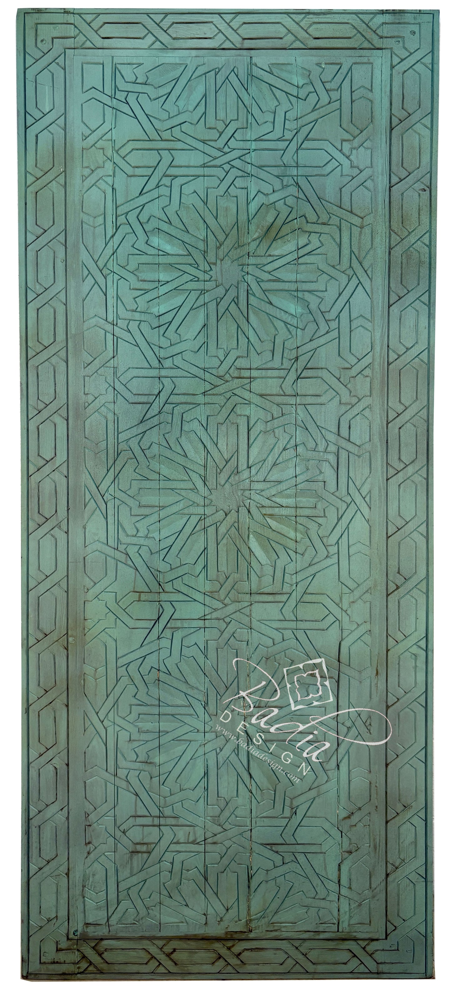 Green Vintage Hand Carved Door with Geometric Designs