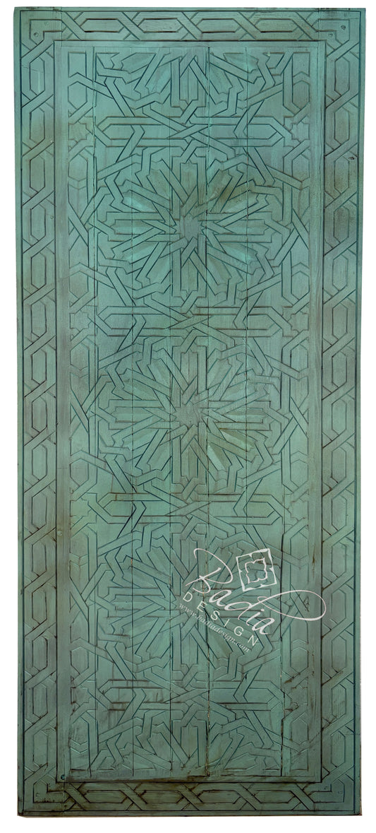 Green Vintage Hand Carved Door with Geometric Designs