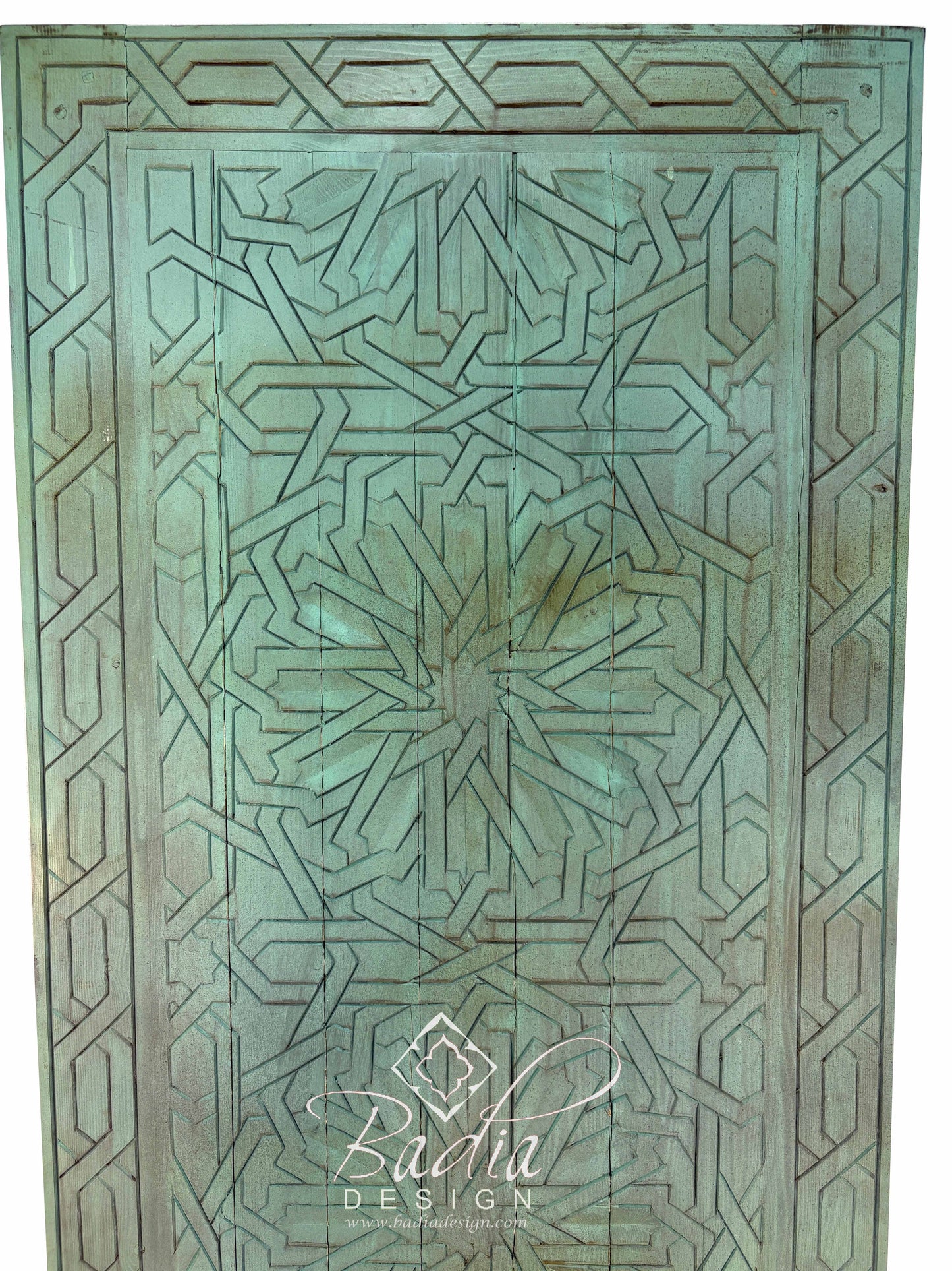 Green Vintage Hand Carved Door with Geometric Designs