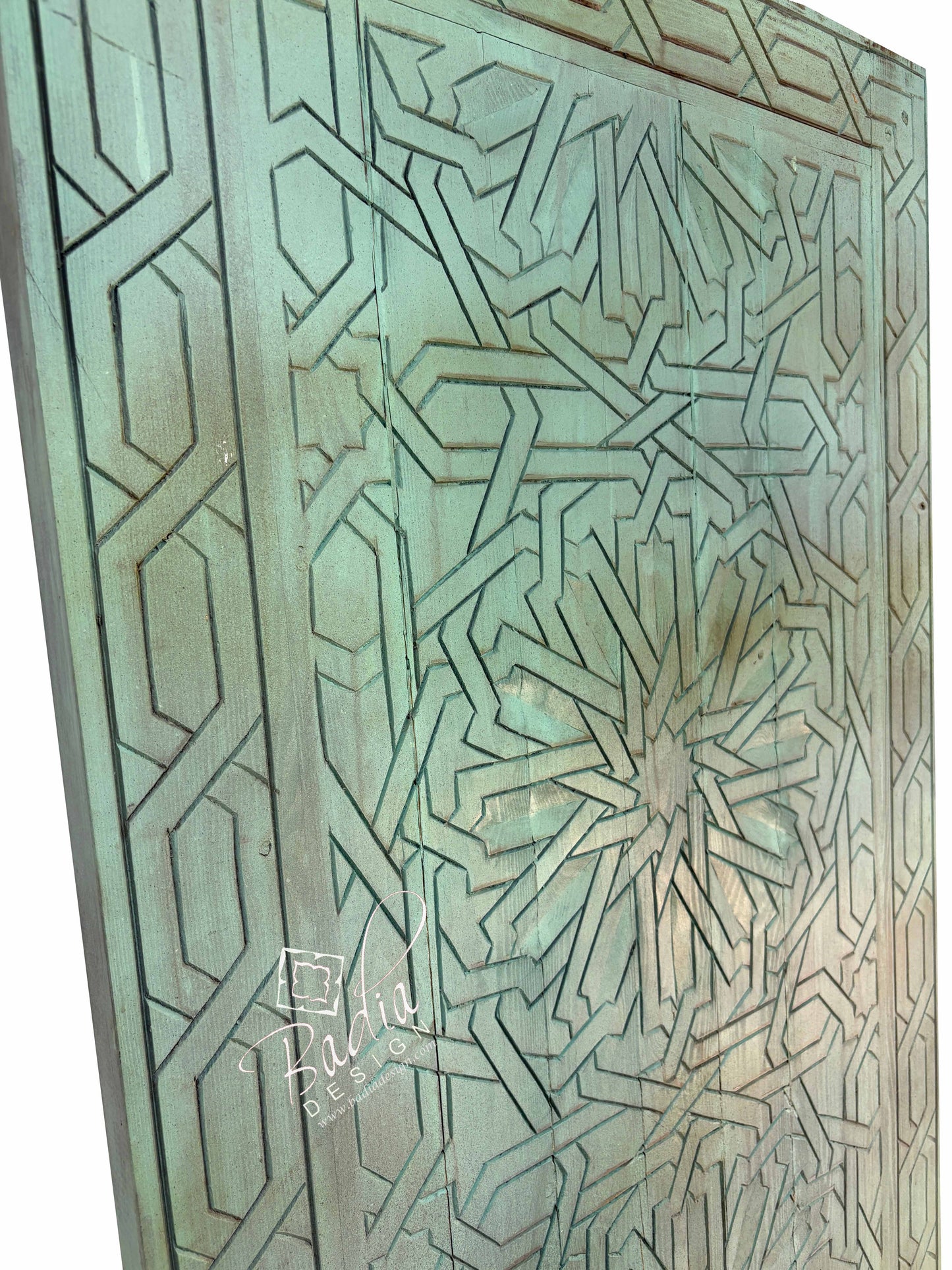 Green Vintage Hand Carved Door with Geometric Designs