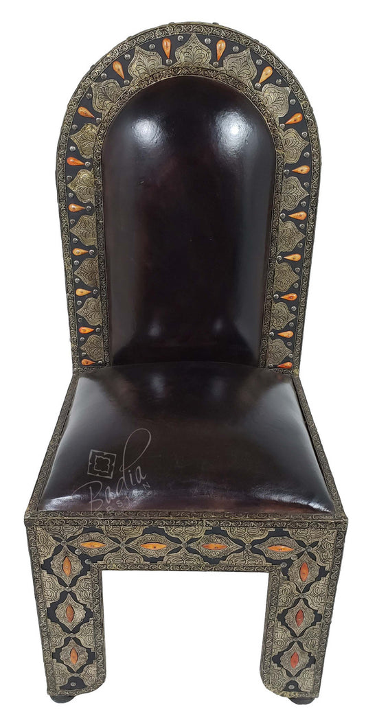 Vintage Embossed Metal Bone Inlay Chair with Leather Seat