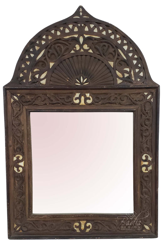Moroccan Vintage Hand Carved Wooden Mirror with Bone Inlay