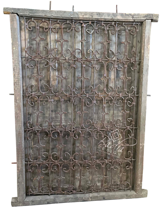 Vintage Wooden Window with Wrought Iron Panel