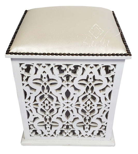 White Pressed Leather Carved Wood Ottoman
