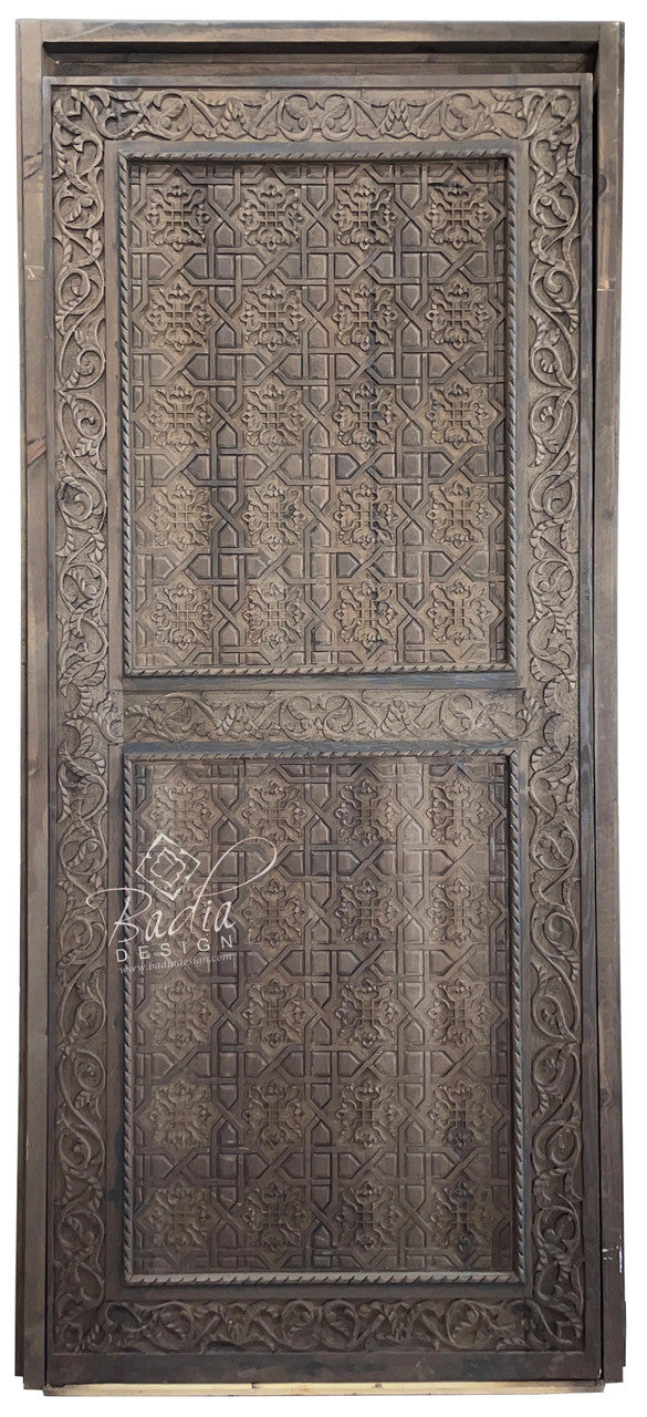 Dark Stained Hand Carved Wooden Door