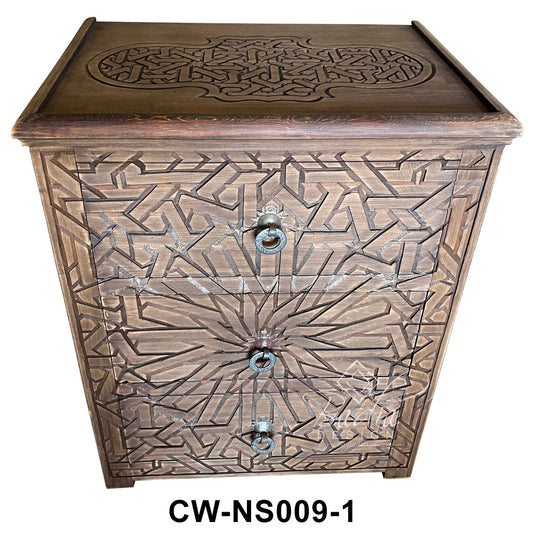Stained Hand Carved Wooden Nightstand
