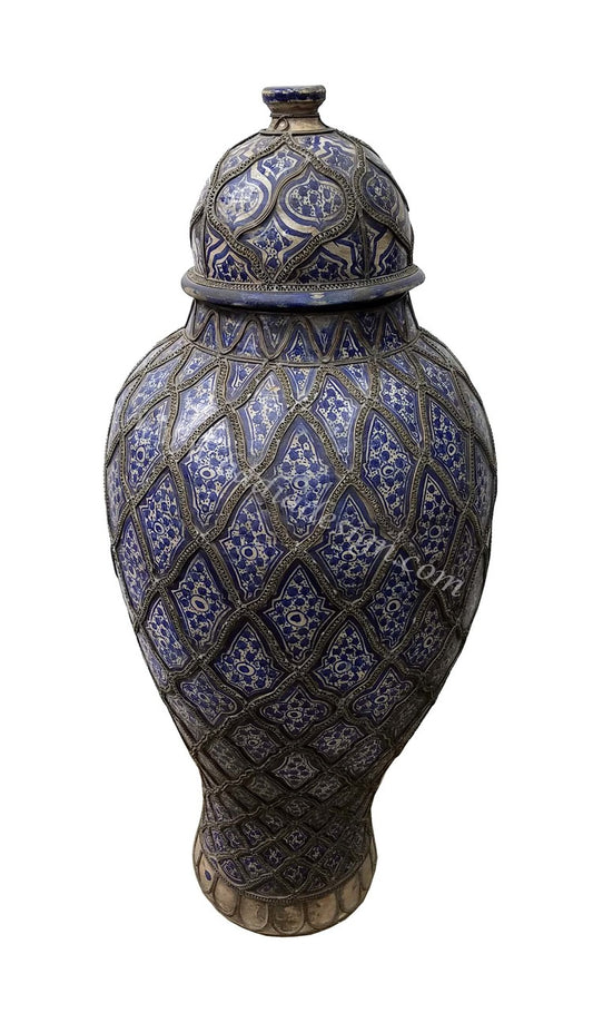 Embossed Metal Hand Painted Blue White Ceramic Urn