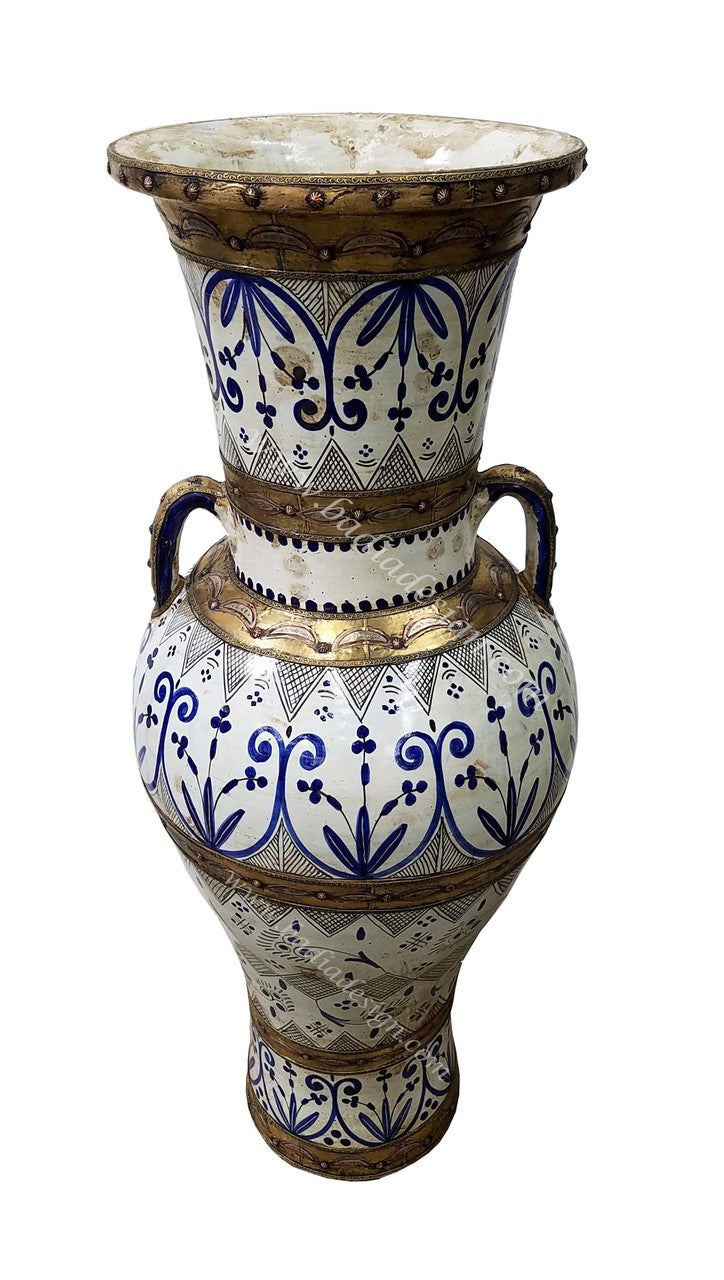 Moroccan Hand Painted Blue and White Ceramic Urn