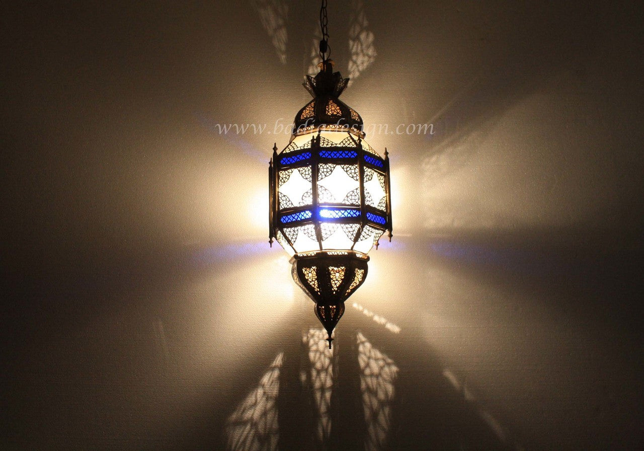Hand Punched Brass Chandelier with Blue Glass