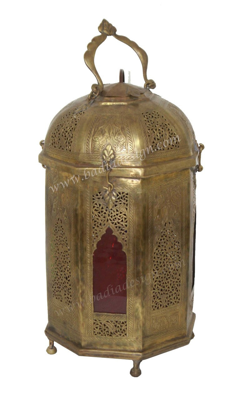 Large Brass Floor Lantern with Multi Color Glass