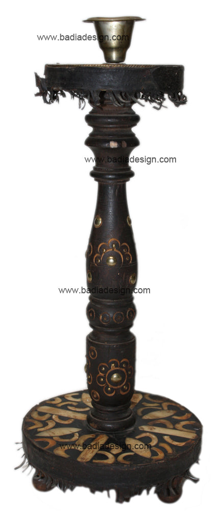 Vintage Wooden Candle Holder with Camel Bone Inlay - HD055