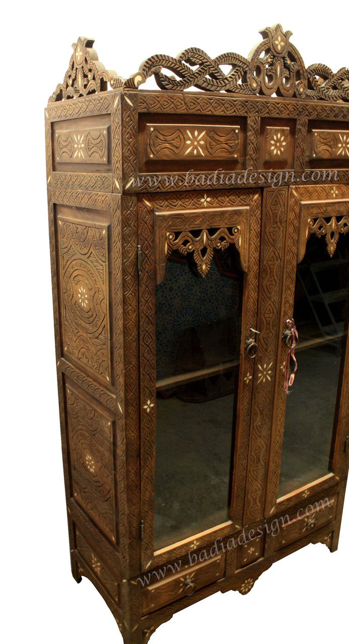 Carved Wood Bone Inlay Armoire