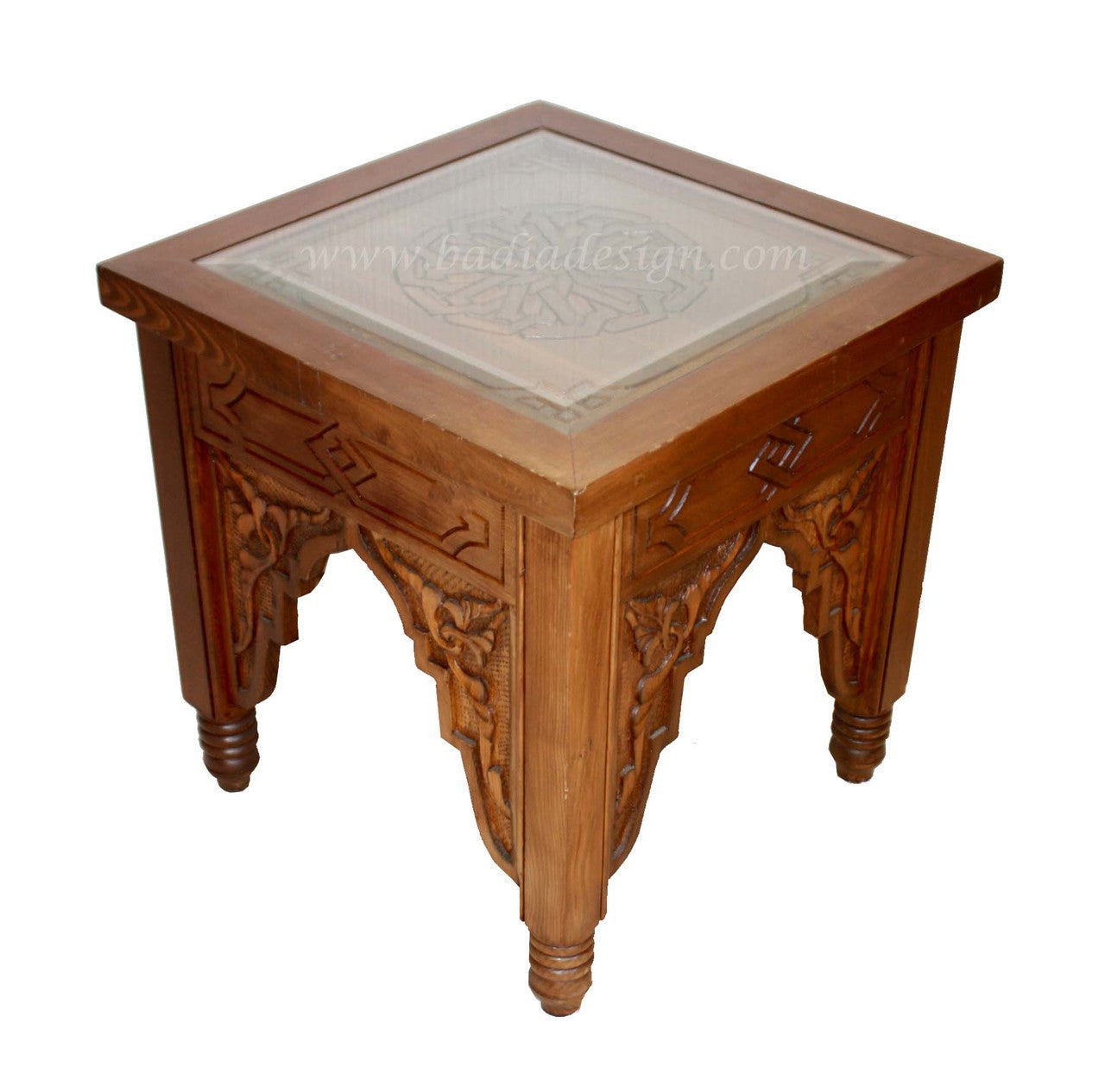 Carved Cedar Side Table with Glass Top