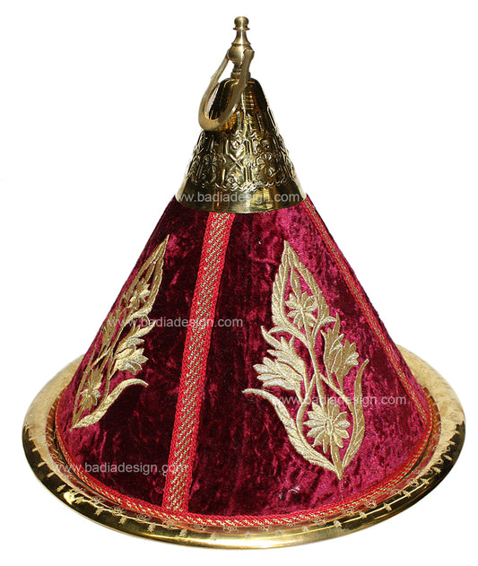 Brass Serving Tagine with Burgundy Embroidery Fabric - HD113-BUR