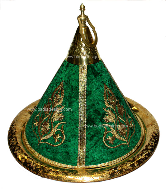 Large Brass Serving Tagine with Green Embroidery Fabric - HD114