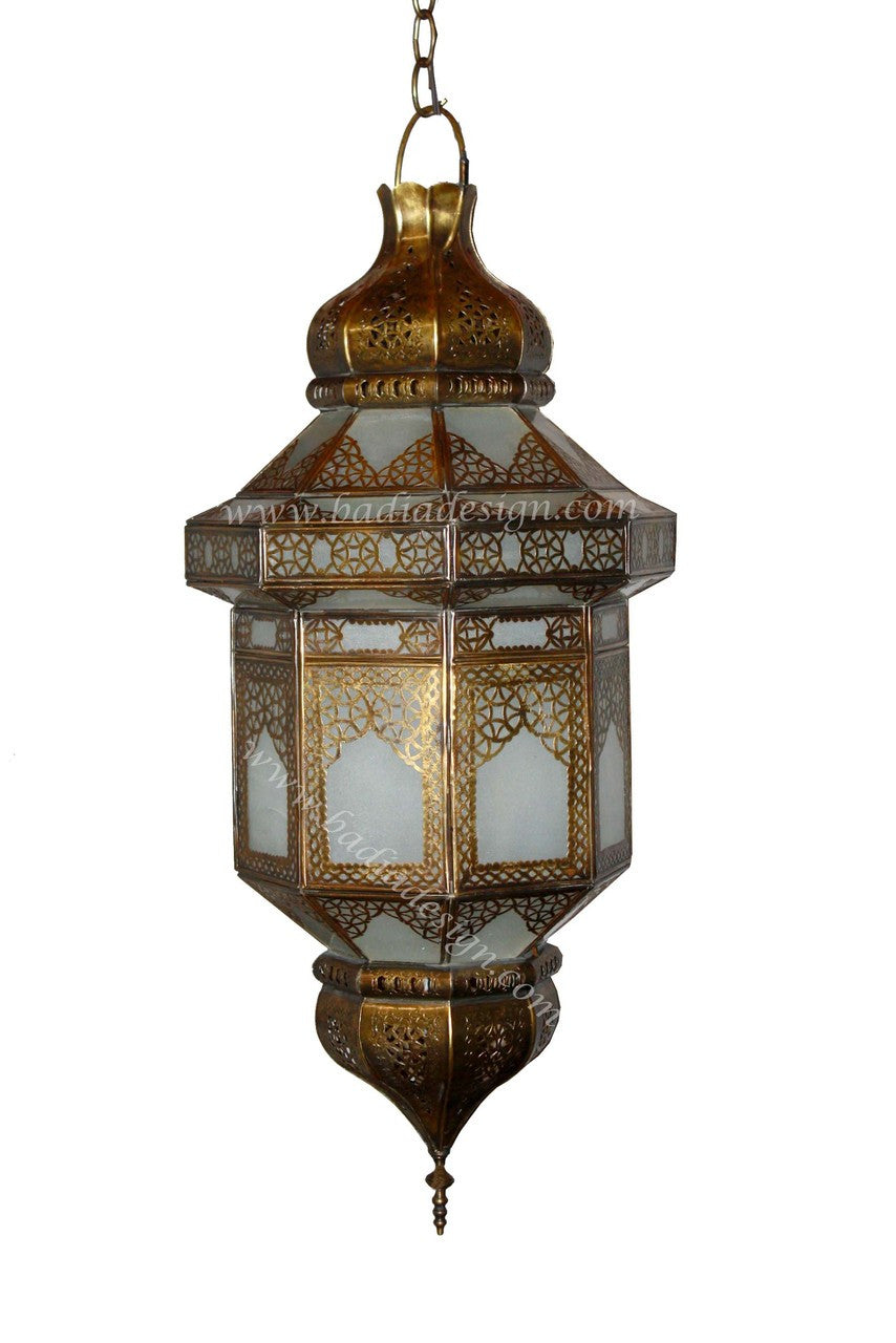 Hanging Brass Lantern with White Glass