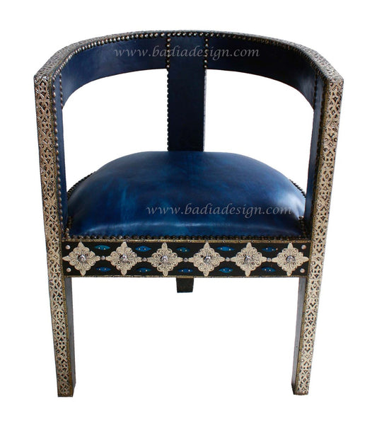 Moroccan Embossed Metal Chair with Leather Seat