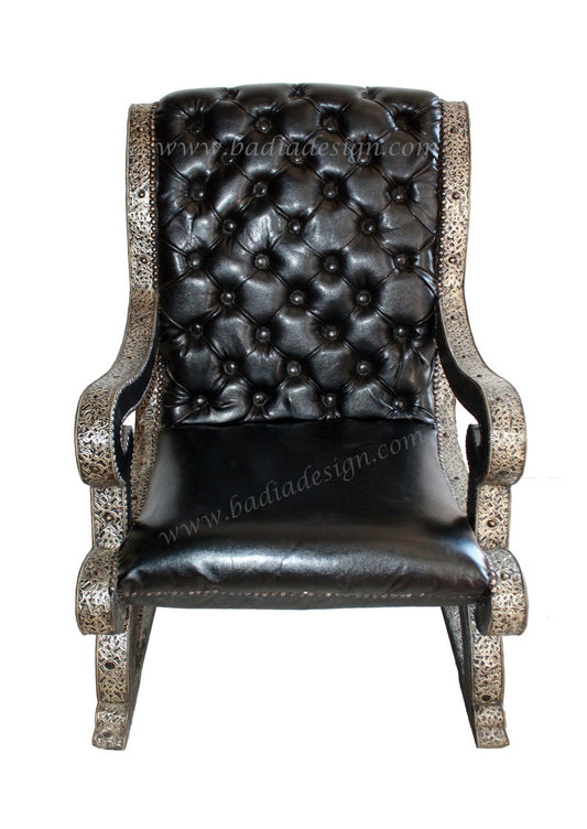 Moroccan Embossed Metal Chair with Leather Seat