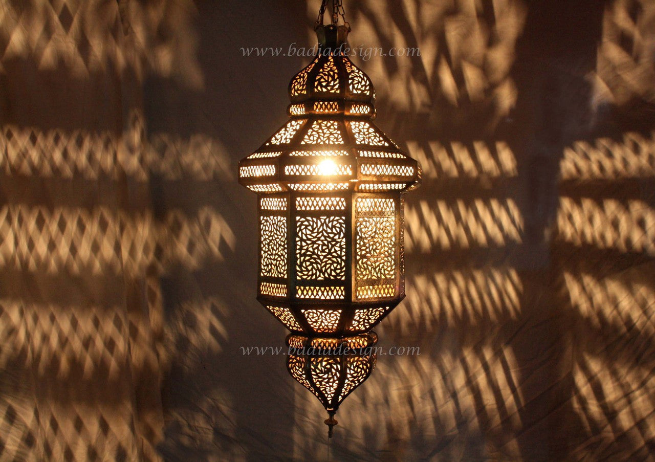 Exotic Hanging Brass Lantern with White Glass