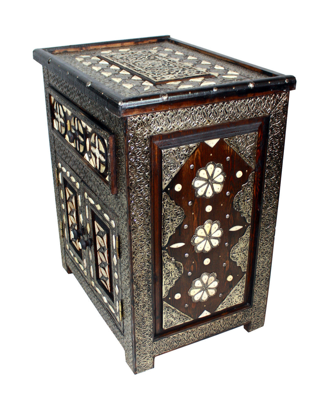 Intricate Metal and White Bone Inlay Nightstand