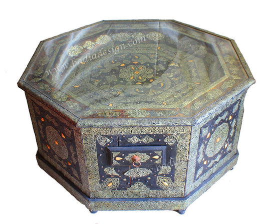 Octagon Embossed Metal and Bone Table with Glass Top